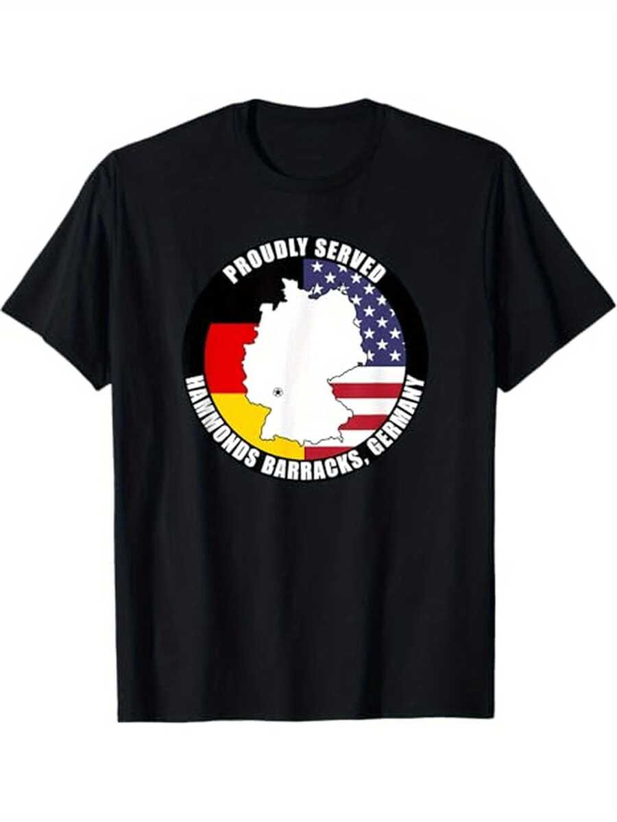 Proudly Served Hammonds Barracks Germany Military Veteran T-Shirt - 100% Pure Cotton, Casual Crew Neck Short Sleeve Tee With American Flag & Military Map Design, All-Season Versatile Wear For Men, Casual Wear Tee| Patriotic Apparel| Cotton Tshirt - 黑色 - 查看 1
