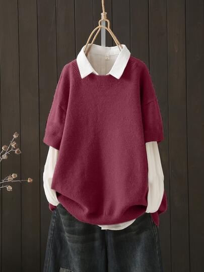 Plus Size Casual Solid Color Round Neck Drop Shoulder Knit Sweater, Autumn/Winter