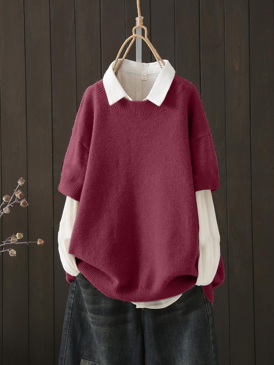 Plus Size Casual Solid Color Round Neck Drop Shoulder Knit Sweater, Autumn/Winter - Burgundy - View 1
