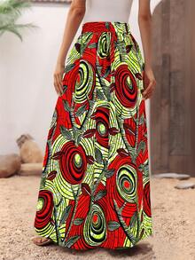Chân váy maxi dáng chữ A xòe rộng, họa tiết xoáy đỏ in hoa văn châu Phi, thích hợp mặc hàng ngày, dự tiệc, đi nghỉ mát, lễ hội và các dịp khác trong mùa hè. - Đỏ - Xem 2