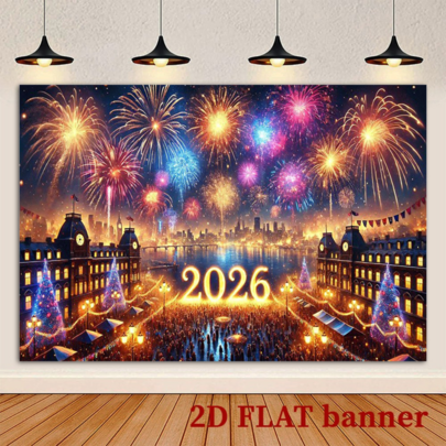 2D Flat 2026 New Year's Party Backdrop With Fireworks, Golden Balloons And The Text "Happy 2026". A Flat Photographic Background Suitable For New Year's Eve, Weddings And Birthday Parties.