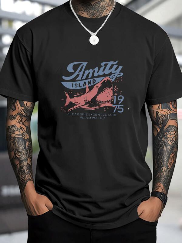 Camiseta de hombre con diseño original de tiburón de Amity Island,corte moderno y tejido de 220g,ideal para el verano.