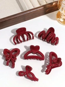 6个女士优雅别致红色蝴蝶结波浪心形发爪夹，日常佩戴，情人节配饰，发夹，发卡，发饰，抓发夹，休闲秋冬发夹，女士度假装扮发饰，情人节礼物 - 紅色 - 查看 9