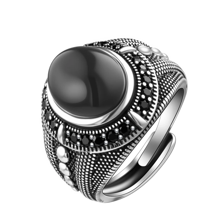 Adjustable S925 Silver Black Resin Hollow Punk Hip-Hop Style Ring For Women