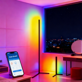 RGB IC 落地灯，LED 角灯，带智能 APP 遥控器、音乐同步、可调光定时器，RGB 梦幻变色现代立式氛围灯，适用于圣诞节卧室客厅游戏室