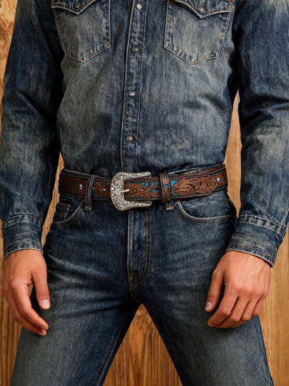 1pc Men's Brown Bohemian Western Cowboy Style Luxury Laser Cut Rhinestone Decor Leather Belt, Casual Pants, Sportswear, Coats, Fashionable Accessory For Men In Autumn/Winter, Ideal For Daily Wear, Western Cowboy Party, Themed Events, Bohemian Style Decoration, Work, Commuting, Also Makes A Great Giftold Money Vintage Autumn/Fall Urban Outfit Classic Christmas Winter Fashion Daily Men Boyfriend Gift