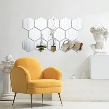 12pcs Hexagon Acrylic Gold Wall Mirror Stickers, Modern Geometric Wall Decor, Easy To Clean, Suitable For Living Room, Bedroom, Home Art Bedroom Living Room Wall Decoration - Multicolor - View 4