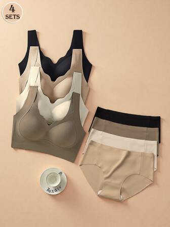 4 Sets Women's Solid Color Seamless Wavy Trim Wireless Breathable Comfortable Bra Sets, Women's Bras And Panties