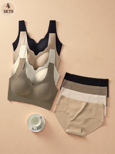 4 件套女士纯色无缝波浪边无钢圈透气舒适文胸套装，女士文胸和内裤