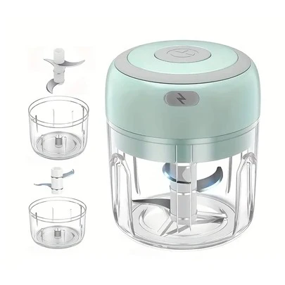 Mini picadora eléctrica de ajos, molinillo de alimentos eléctrico portátil, doble capacidad de taza (250 ml + 100 ml), apto para picar ajo, cebollas, verduras, carnes y especias.