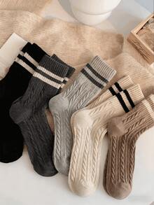 5 Paar, Damen einfache zweifarbig gestreifte Socken für den Winter, Krapfen-Twist College-Stil Socken, verstärkte Thermalsocken, Damen mittellange Röhrensocken und Plüschsocken zum Tragen mit Schneestiefeln. - Verschiedenfarbig - Übersicht 2