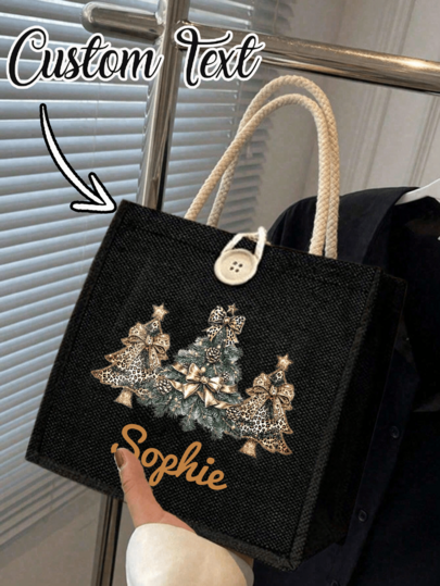 Customized Christmas Linen Handbag, Customizable Name, Foldable, Lightweight, Casual, Grocery Shopping, Personalized Commemorative Items, Party Decoration, Unique, Minimalist, Fashionable, Foldable, Grocery Handbag, Gift, Large Capacity, Durable, Travel Essential, Handbag, Shoulder Bag, Commemorative, Capturing Precious Moments, Name, Christmas Gift