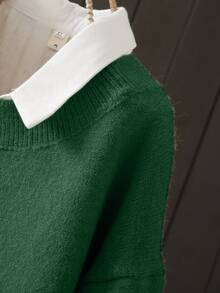 Plus Size Women's Casual Everyday Commute Simple Solid Color Round Neck Dropped Shoulder Loose Sweater (Excluding Shirt) Spring - North Deep Green - View 4
