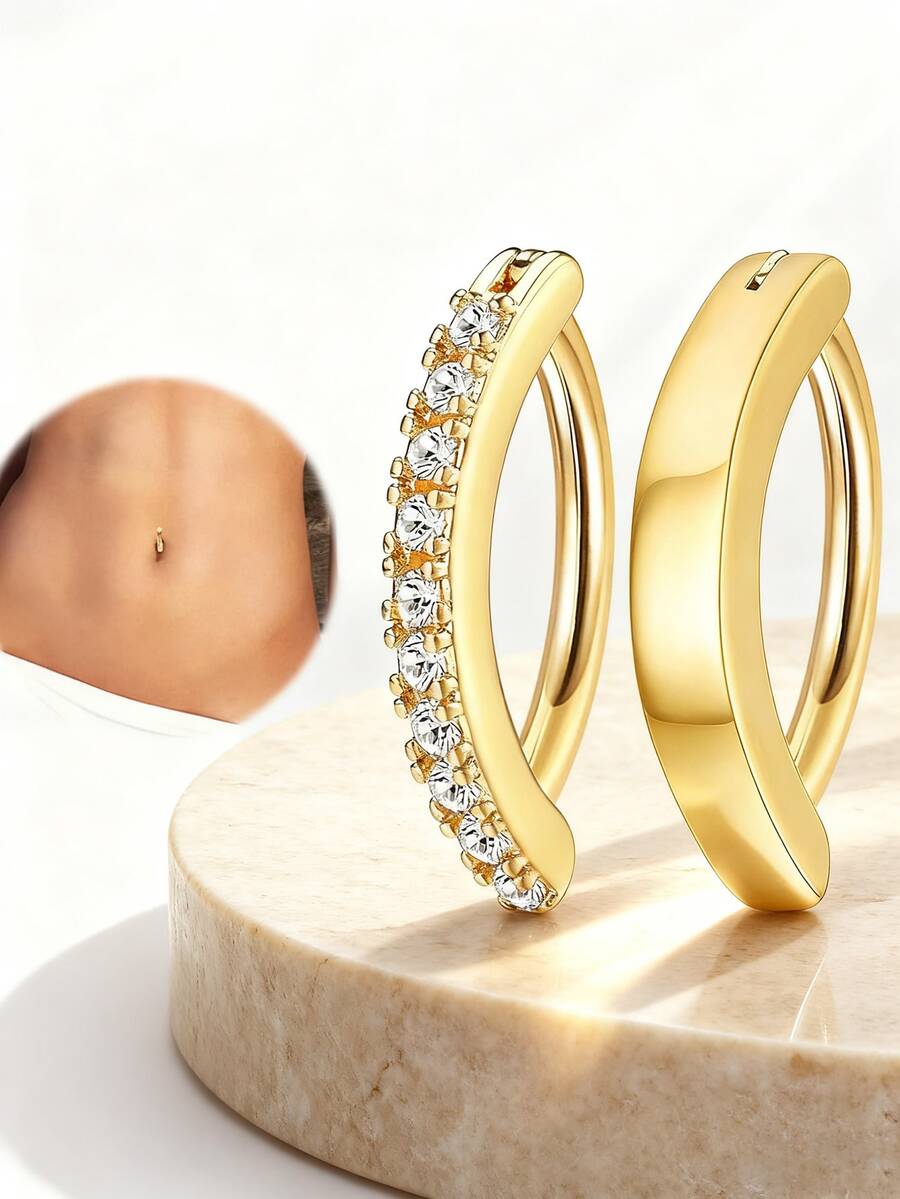 2件套女士性感时尚C形立方氧化锆长款肚脐环套装，闪亮多款式穿刺饰品，适合派对、夏季露脐上衣搭配以及个性化造型。