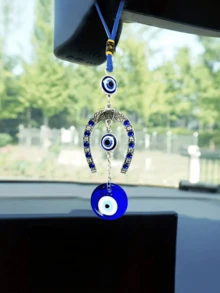 1 pieza Llavero colgante con decoración de ojo de demonio y herradura con cristal de ojo azul, amuleto de la suerte con forma de ojo de demonio y herradura con decoración de cristal azul