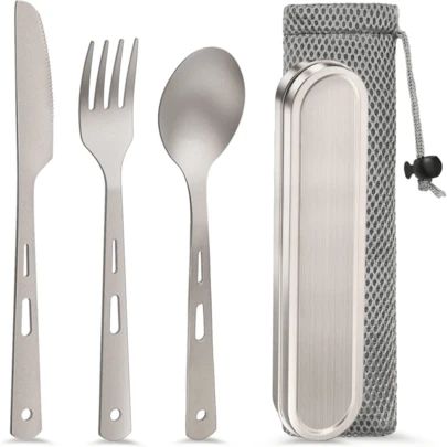 Pure Titanium Travel Utensils With Case, UltraLight Ti Portable Champing Essential Cutlery Set, Knife Fork Spoon R...