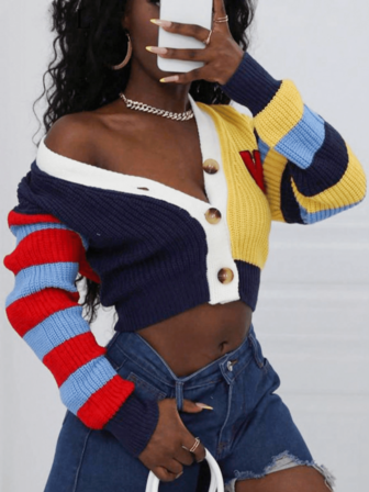 Suéteres sueltos de mujer con bloqueo de color de estilo callejero de otoño, suéteres de mujer con cuello en V a rayas de manga larga con letra W con botón, cardigans Y2k para mujer