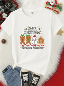 Playera infantil para niñas con estampado de "Sweet Christmas" con Galletas de Jengibre y Muñeco de Nieve, hecha 100% de algodón, cuello redondo, manga corta y corte recto. - Blanco - Ver 2