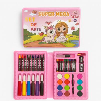 Kit Maleta de Colorir Aquarela Canetinha Lapis Giz de Cera Borracha Apontador 42 Peça Estojo Pintura