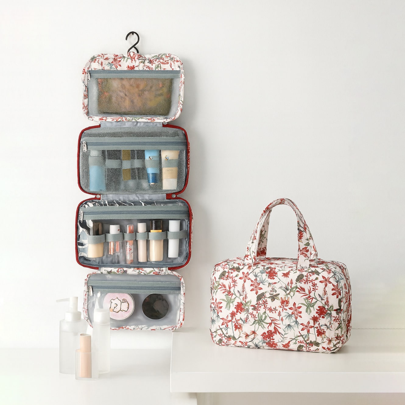 One Floral Pattern Hanging Toiletry Bag With Hooks, Large Capacity Travel Cosmetic Organizer, Waterproof Multi-Compartment Cosmetic Organizer With Transparent Pvc Pocket, Foldable Toiletry Bag, Suitable For Home Bathroom Or Vacation Travel. Toiletries Bag Travel Toiletry Bag Wash Bag Shower Bag Waterproof Bag For Women Packing Cubes Travel Essential Cruise Essentials Vacation Essentials