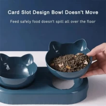 New Non-Slip Cat Bowl With Slanted Mouth, Domestic Style, Automatic, Protects The Cervical Spine And... - 藏蓝色 - 查看 4