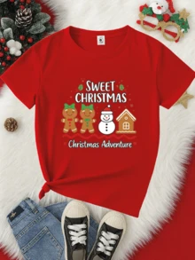 Playera infantil para niñas con estampado de "Sweet Christmas" con Galletas de Jengibre y Muñeco de Nieve, hecha 100% de algodón, cuello redondo, manga corta y corte recto. - Rojo - Ver 2