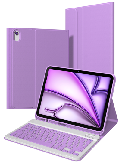 这款键盘保护套兼容 iPad (A16) 第 11 代、第 10 代、第 7/8/9 代，iPad Air 第 4/5 代/(M2) 2024/(M3) 2025，以及 iPad Pro 11 英寸（2018/2020/2021/2022 款）。它采用 PU 皮革材质，配备可拆卸无线键盘、150mAh 电池和内置 Apple Pencil 收纳槽。颜色为浅紫色。