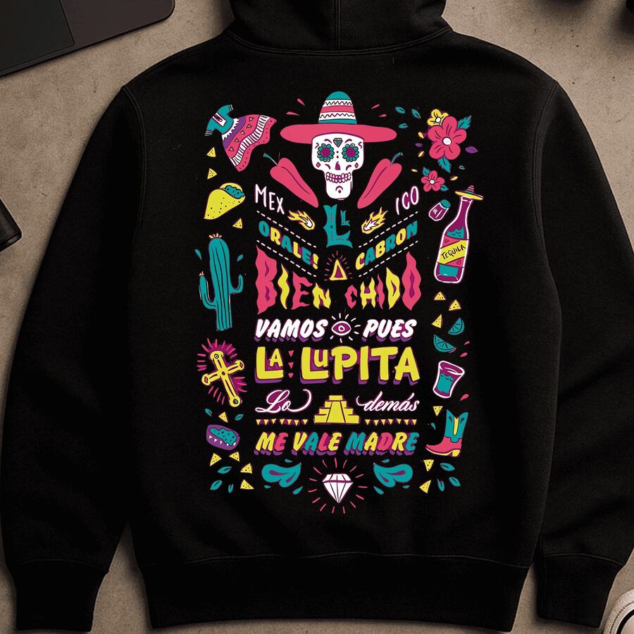 Sudadera con capucha de estampado de HUMOR MEXICANO, MEX MODA, FRASES TIPICAS, de edición premium, de estilo urbano oversize,, para uso casual en otoño e invierno - Blanco y Negro - Ver 1