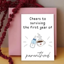 1张“祝贺度过为人父母的第一年”圣诞贺卡/生日贺卡/新年贺卡 - 温馨设计，咖啡和家庭插图，完美适用于新手父母、纪念重要时刻和节日祝福，节日贺卡 | 喜庆设计 | 个性化定制，新生儿礼物 - 彩色 - 查看 5