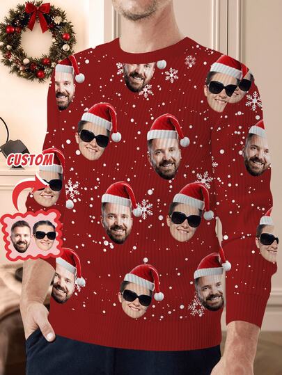 Customized Men's Casual Face Print Sweatshirt For Autumn/Winter, Personalized Crew Neck Knit Sweatshirt, Upload Custom Photo, Personalized Christmas Apparel With Funny Face Design With Santa Hat, Men's Sweatshirt, Minimalist, Fashionable & Comfortable, Unique Christmas Gift For Boyfriend, Family, Friends