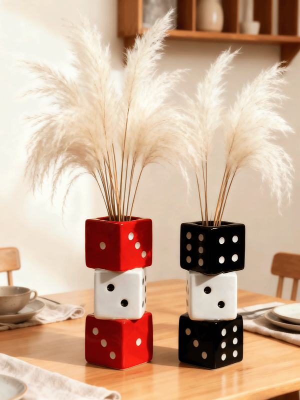 [Ceramic Dice Vase] Unique Handmade Ceramic Dice Vase - Decoration For Dried Flowers, Roses, Pampas Grass - Stunning Design, Handmade Ceramic Dice Vase - Stunning Design For Any Modern Space - The Perfect Gift To Inspire A Smile