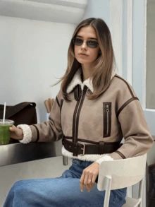 Khaki Suede & Shearling Paneled Moto Jacket, Daily Commute Fashion Warm Outerwear For Women - Khaki - View 5