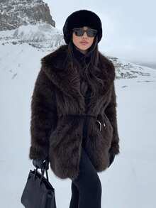 GDDYIN Winter New Year Imitation Fur Coat, Big Collar, Fluffy Waist, Heart-Shaped Buckle Design, Lazy Style Faux Fur Coat - Mocha Brown - View 3