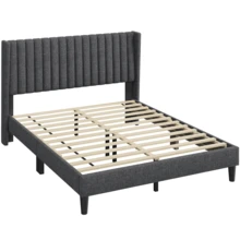 Butterslay Linen Blend Upholstered Bed Frame Wingback Channel Headboard Sturdy Wood Frame 800lb Capacity Foam-Padded Floor Protection Full/Queen/King, Black/Dark Gray/Ivory/Navy Blue/Pink - Dark Gray - 查看 10