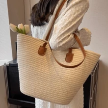 Commercial Large Capacity Straw Bag For Casual Holidays, Beach, Portable, New Fashion Woven Shoulder Bag - Màu be - Xem 1