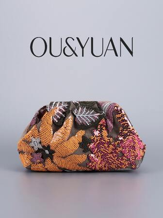 Sequin Embroidered Floral Pleated Clutch Bag, Women's Casual Clutch Bag, Fashionable And Glamorous Evening Bag, Suitable For Holiday Parties And Commuting (Pattern Placement Random), Shiny Sequin Bag, Elegant Women's Fashion Clutch , Sequin