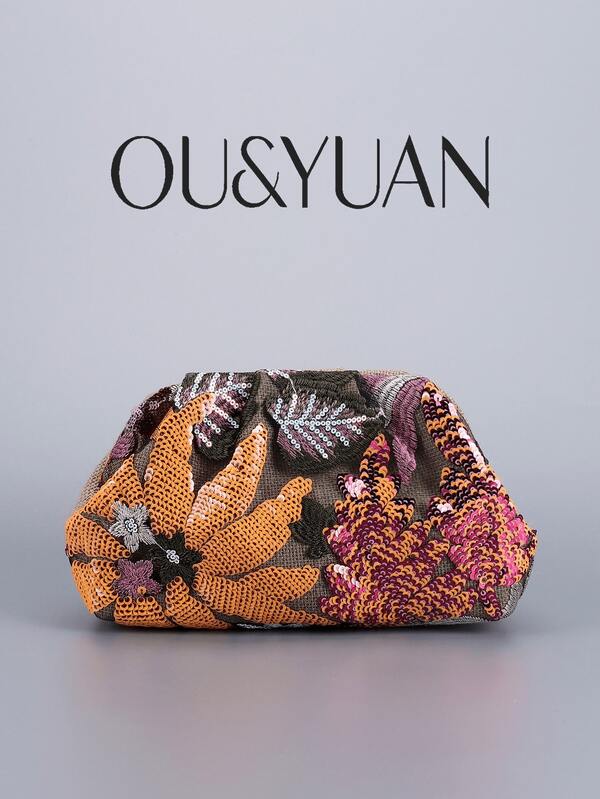 Bolso de embrague plisado con bordado de lentejuelas florales, bolso de embrague casual para mujer, bolso de noche elegante y glamoroso, adecuado para fiestas y viajes (colocación de patrones al azar), bolso de lentejuelas brillante, elegante bolso de embrague de moda para mujer