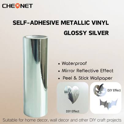 CHEONET-1卷自粘金属光泽银色贴纸，仿不锈钢镜面反光膜，家居装饰，墙面装饰，纹理风格，装饰镜面纸反光片