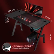 HLDIRECT Gaming Desk With Carbon Fibre Surface - A Shape Large Computer Table, Ergonomic PC Workstation For Home Office - Black - View 11