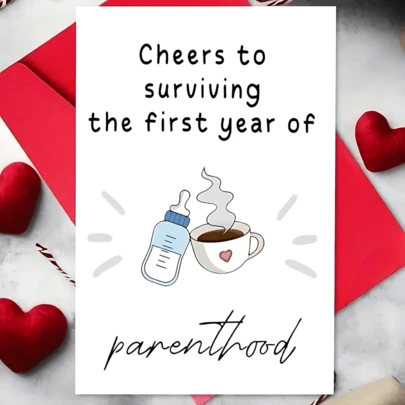 1pc "Cheers To Surviving The First Year Of Parenthood" Christmas Card Celebration Card Birthday Card New Year Card- Heartwarming Design With Coffee & Family Illustration, Perfect For New Parents, Milestone Moments, And Holiday Greetings, Holiday Greeting Card | Festive Design | Personalized Touch, Shower Gifts