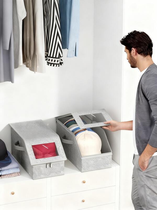 Oversized Baseball Cap Storage Box - Dust-Proof Hat Box, Foldable Design, Transparent Window, Can Store 12-24 Hats, Ideal For Wardrobe Storage Or Travel. Stackable Baseball Cap Storage Box, Multi-Functional Storage Solution, Essential For Wardrobe. Unisex, Durable Gray Box With Cardboard Lining. Hat Storage Box, Household Item, Household Necessity.