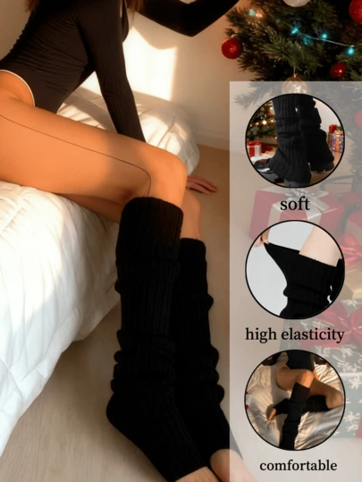 1双竖条纹针织腿套，个性亚文化Y2K风格小腿套，女士保暖腿套，纯色竖条纹保暖装饰可爱腿套，可爱甜美冬季配饰，适合春、秋、冬季穿着