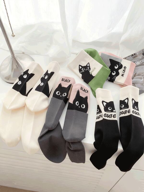 5 Paar, Tiermuster Damen Winter Socken, warme Socken, Damen Mittellange Socken, süße Katzen Muster Socken