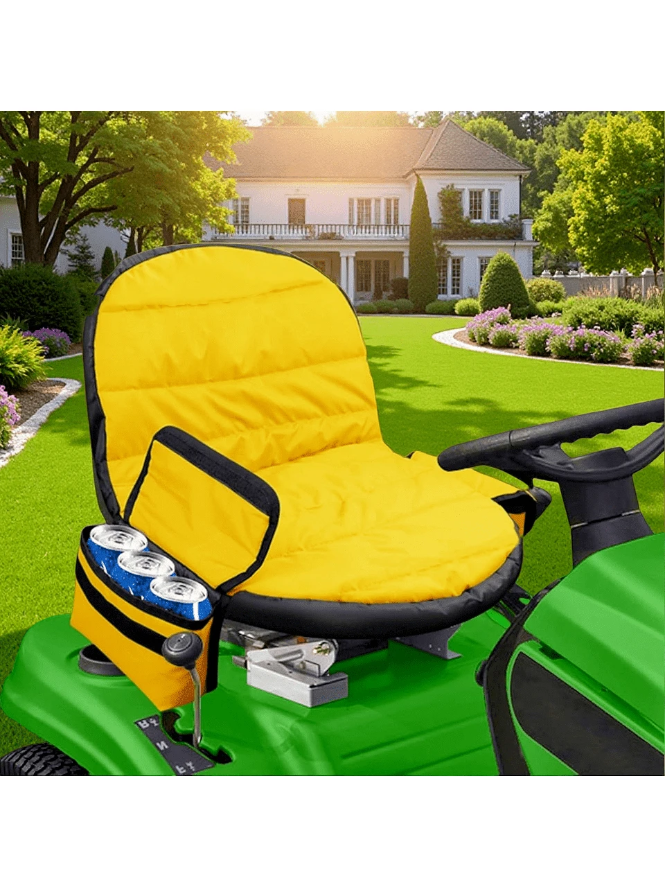 800D Heavy-Duty Oxford Fabric Yellow Universal Riding Lawn Mower Seat Cover - 1 Piece Premium Lawn Mower Seat Protector With Drink Pouch - Outdoor Protective Cushion For John Deere, Kubota, Cub Cadet, & Garden Lawn Tractors