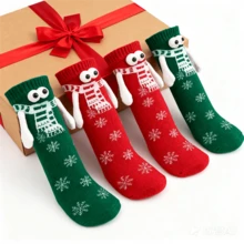 2 Pairs Of 3D Eyes Cartoon Christmas Socks With Magnetic Design- Cute Hand In Hand Mid-Calf Socks, Playful Holiday Socks, Hand Wash Care, Soft Fabric Socks, Novelty Christmas Wear, Christmas Enthusiasts, Gift Shoppers - Multicolor - View 6