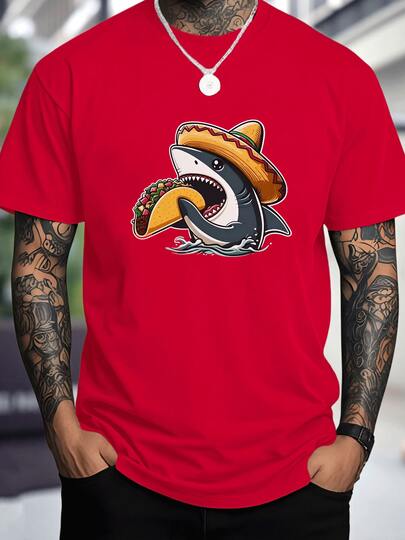 Camiseta de hombre con diseño de tiburón con sombrero mexicano comiendo taco,impresión divertida y original,100% algodón.
