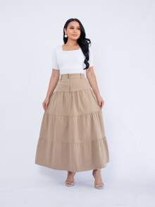 Mavie Long Layered A-Line Twill Skirt With Buttons - 米色 - 查看 6