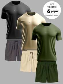 Kit Of 3 Sets: Dry Fit T-Shirt And Elastane Tactel Shorts For Gym Workout - 灰綠米色 - 查看 12