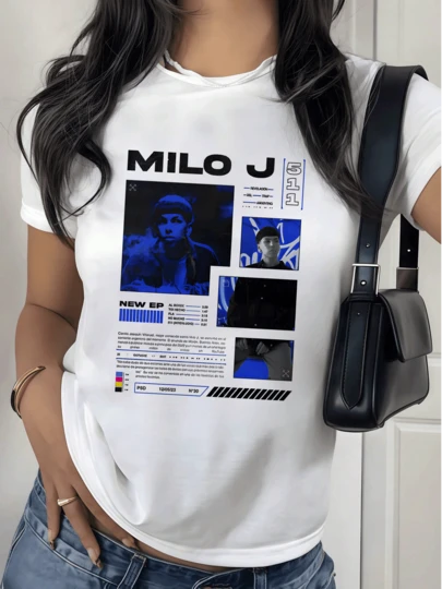 Elegante Camiseta de Mujer con Estampado Milo J y Detalles Gráficos,220g.Diseño Moderno y Casual,Ideal Para un Look Urbano y Cómodo.