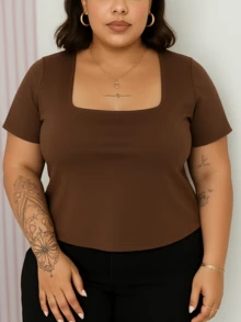 Blusa Plus Size Decote Quadrado Manga Curta com Sustentação - Marrom - Visão 1